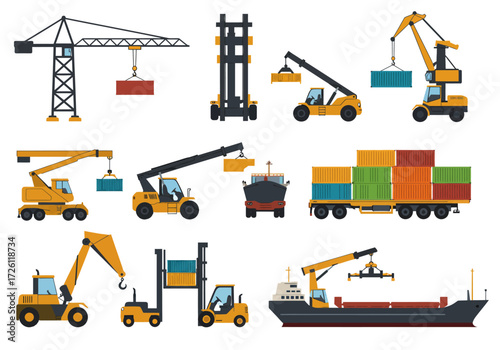Vector illustration showcasing various freight transport equipment like cranes ships and trucks