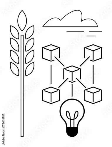 Network of connected blockchain nodes, wheat stalk, light bulb, and cloud. Ideal for agriculture, innovation, blockchain, supply chain sustainability eco-tech transparency. Simple flat metaphor