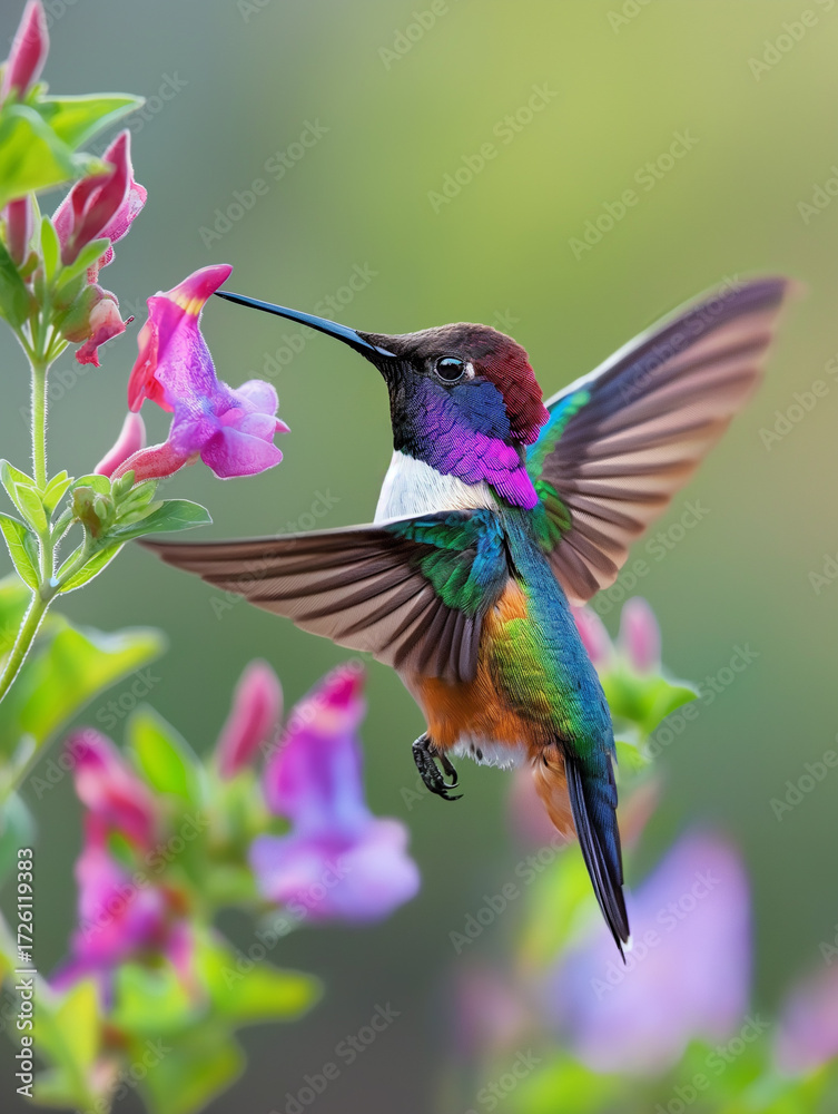 Fototapeta premium Beija-flor em pleno voo, bebendo de uma flor rosa.