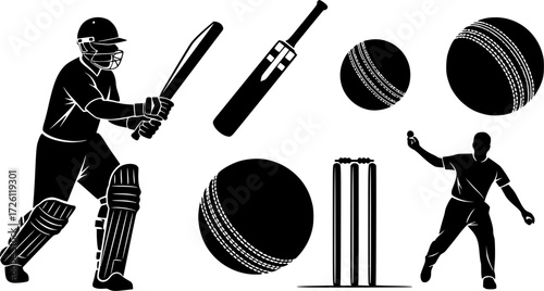 Cricket silhouette, Cricket bat, ball, stump player silhouette, Cricket silhouette bundle, Cricket , Cricket sports equipment silhouette 
