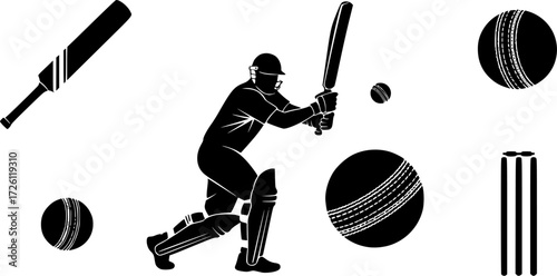 Cricket silhouette, Cricket bat, ball, stump player silhouette, Cricket silhouette bundle, Cricket , Cricket sports equipment silhouette 