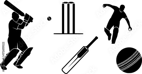 Cricket silhouette, Cricket bat, ball, stump player silhouette, Cricket silhouette bundle, Cricket , Cricket sports equipment silhouette 