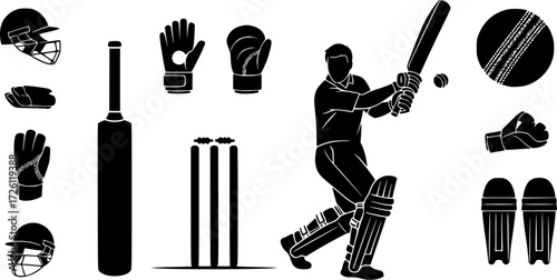 Cricket silhouette, Cricket bat, ball, stump player silhouette, Cricket silhouette bundle, Cricket , Cricket sports equipment silhouette 