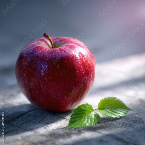 Red Apple Still Life with Glittering Details on Wood Surface with Two Green Leaves and Soft Lighting
