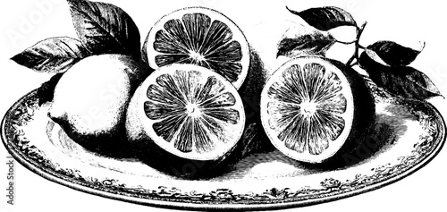 Vintage fruit engravings of citrus arrangement on ornate plate for classic decor
