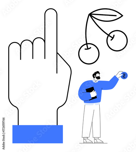 Oversized hand with pointing finger, man holding dollar coin and book, cherries symbolizing rewards. Ideal for decision-making, finance, investment, goals, rewards choice determination. Simple flat