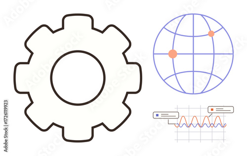 Large gear, globe with pinpoint markers, and analytic data chart. Ideal for innovation, global operations, process management, technology advancement, data analysis, engineering concept simple flat