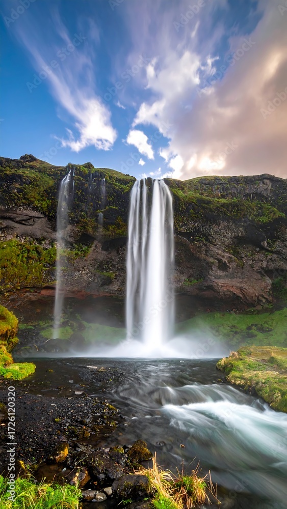 Fototapeta premium Dramatic waterfall cascading down rocky cliffs under a vibrant sky