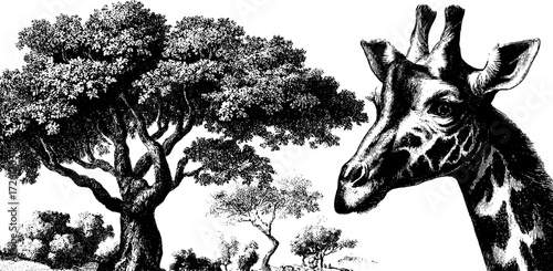 Etched depiction of giraffe in savanna landscape with tree scene