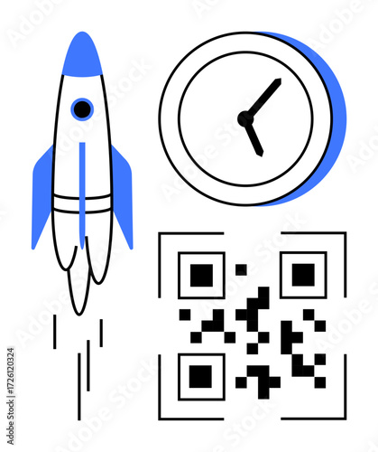 Rocket taking off, clock, and QR code emphasizing speed, innovation, and digital integration. Ideal for technology, productivity, growth, time management progress startups and modern solutions