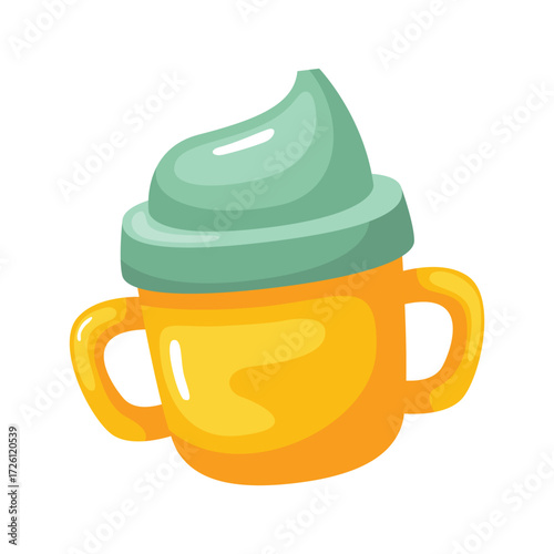 Yellow sippy cup with a teal lid and handles