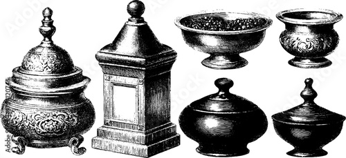 Vintage spice jars and grinders in engraving style - retro kitchen and cooking design