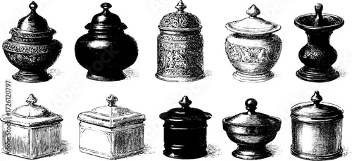 Vintage spice jars and grinders etching - retro ceramic containers for kitchen decor