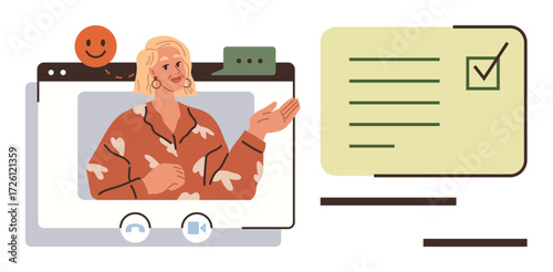 Woman speaking during an online meeting, chat bubbles, checklist, and webcam interface. Ideal for education, virtual communication, remote work, collaboration, training webinar and team building