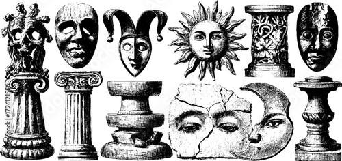 Ancient ritual totem icons collection for artistic design and decoration