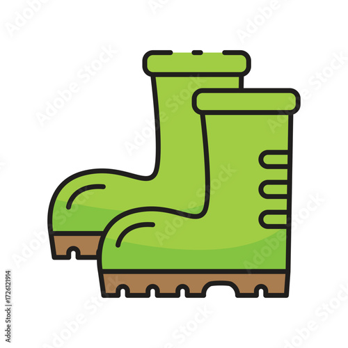 Two green rubber boots with brown soles front view