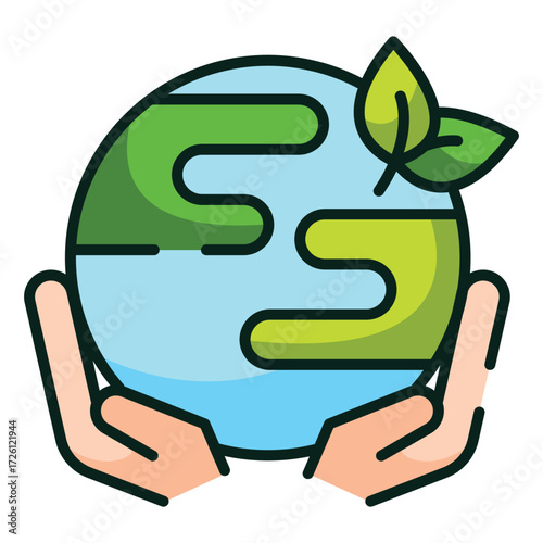 Two hands cradle a stylized Earth with green landmasses and leaves