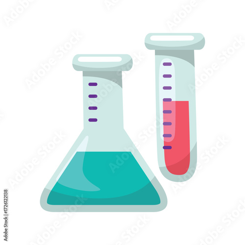 Two laboratory flasks with colored liquids