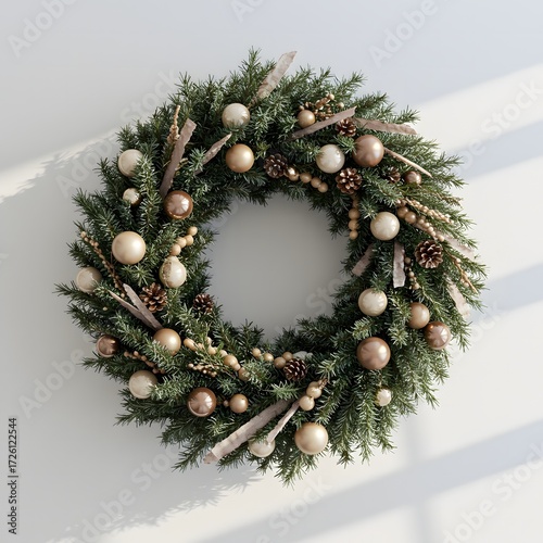 A christmas wreath with gold ornaments and pine cones hanging on a white wall with soft lighting