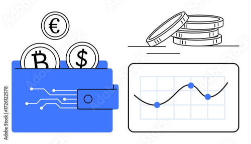 Digital wallet with Bitcoin, Dollar, and Euro coins, stacked coins, and analytics graph. Ideal for cryptocurrency, finance, investment savings market trends trading financial technology. Simple