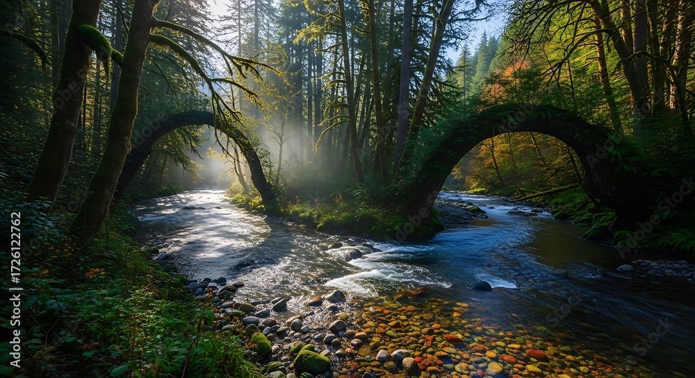 Obraz premium Sunlight streams through ancient moss covered stone arches over a flowing river in a lush green temperate rainforest