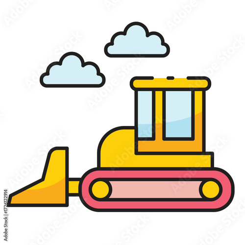 Yellow bulldozer with a blade and tracks under clouds