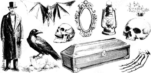 Victorian horror illustration set featuring haunted mansion elements and gothic symbols