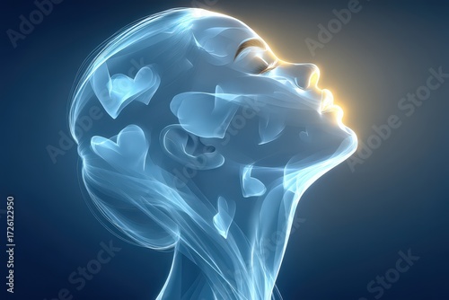 Ethereal portrait of a serene woman enveloped in wisps of translucent love symbols expressing profound emotional depth and connection illuminated by soft golden light