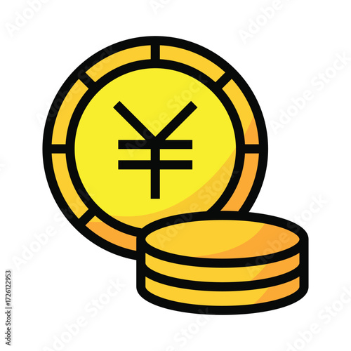 Yellow coin with yen symbol and stack of coins