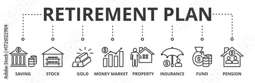 Retirement plan banner vector illustration concept with icons of saving, stock, gold, money market, property, insurance, fund and pension