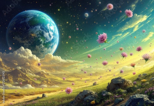 Planet Earth, a surreal landscape with floating flowers,  stars, and clouds