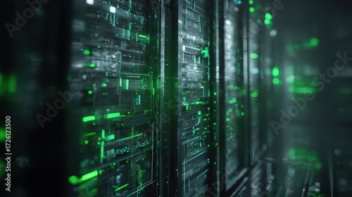 Glowing Green Data Center Server Racks - Abstract Technology Background.