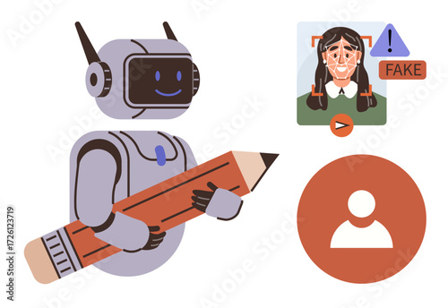Robot holding pencil symbolizing AI creativity, next to face detection with fake alert and ID profile. Ideal for AI, creativity, ethics, digital identity, automation, technology, simple flat metaphor