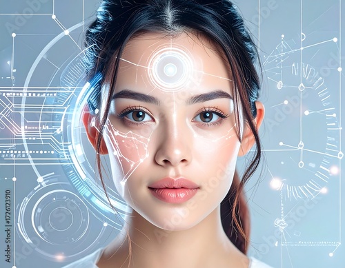 A woman's face is superimposed with futuristic, technological elements