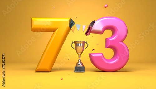 A vivid, stylized illustration of the number 73, partially broken with confetti, and a trophy on a gold background