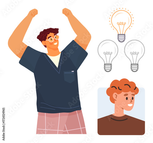 Cheerful person raising arms in celebration, surrounded by illuminated light bulbs symbolizing ideas, with additional icon of smiling individual. Ideal for creativity, teamwork, innovation, success