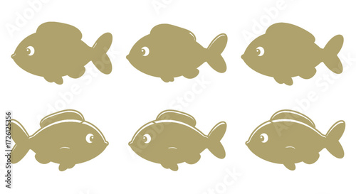 A charming collection of six stylized golden fish illustrations, presented as a repeating pattern on a clean white background.