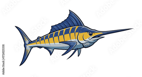 Vibrant vector illustration of a majestic marlin fish with blue fins and striking yellow body, isolated on a white background, perfect for aquatic themes.