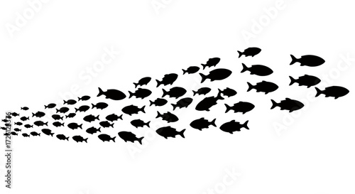 A dynamic school of black fish silhouettes swims together in a cohesive group, illustrating unity and movement against a clean white background.