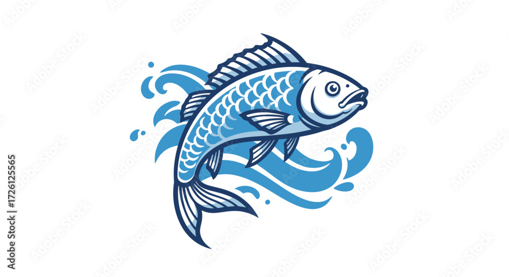 Naklejka premium A vibrant blue fish, rendered in a modern vector style, leaps gracefully from the water, surrounded by dynamic splashes.