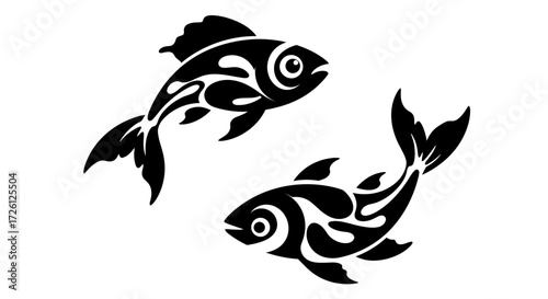 A pair of stylized black fish with intricate tribal patterns swimming gracefully, presented as a clean vector graphic on a crisp white background.