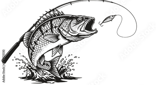 Detailed vector illustration of a largemouth bass leaping from the water to catch a lure, presented in a clean, scalable PNG format for versatile use.