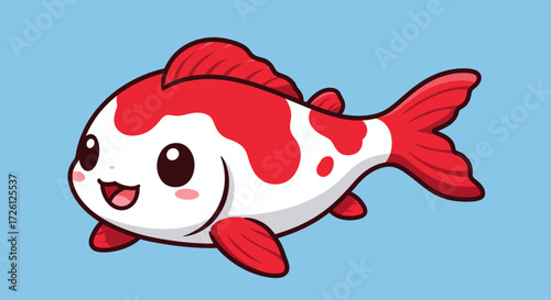 Adorable cartoon koi fish illustration with red and white markings, smiling with cute features, perfect for aquatic themes and children's designs.