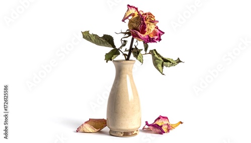 A withered rose in a small beige vase against a clean white backdrop. Petals have fallen, highlighting decay