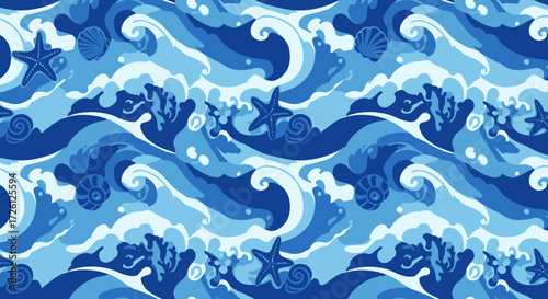 A vibrant vector illustration showcases an ocean-themed seamless pattern with stylized waves, starfish, and seashells in varying shades of blue, perfect for backgrounds.