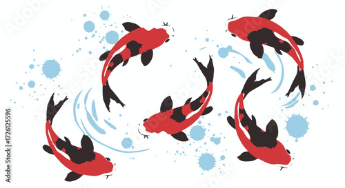 A vector illustration depicts a group of vibrant red and black koi fish swimming gracefully amidst splashes of blue water, creating a serene aquatic scene.