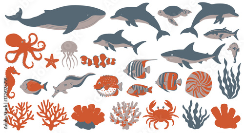 A vector illustration shows a diverse collection of marine life, including various fish species, a whale, dolphins, and coral, set against a transparent background.