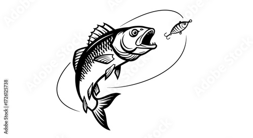 A detailed black and white vector illustration depicts a leaping fish chasing a smaller fish, perfect for fishing-related designs and projects, presented on a clean white background.
