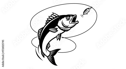 A dynamic black and white vector illustration of a large fish leaping from the water towards a smaller fish, symbolizing a hunt or chase in a simple graphic style.