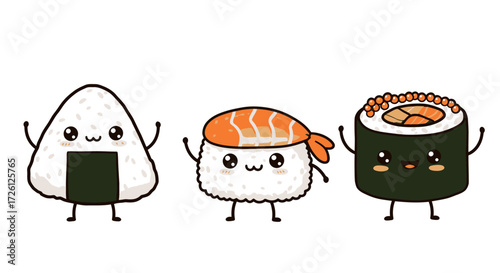 Cute cartoon sushi and onigiri characters with happy faces and waving arms, isolated on a white background, perfect for food-related designs.